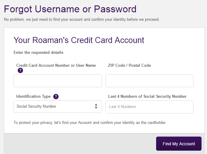 Roamans credit card forgot password